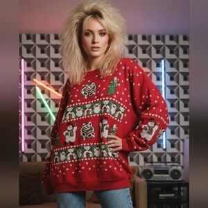 Vtg 90s Skylite Christmas Sweatshirt Puffy 3D Red Bears Snowmen‎ Bells Unisex XL